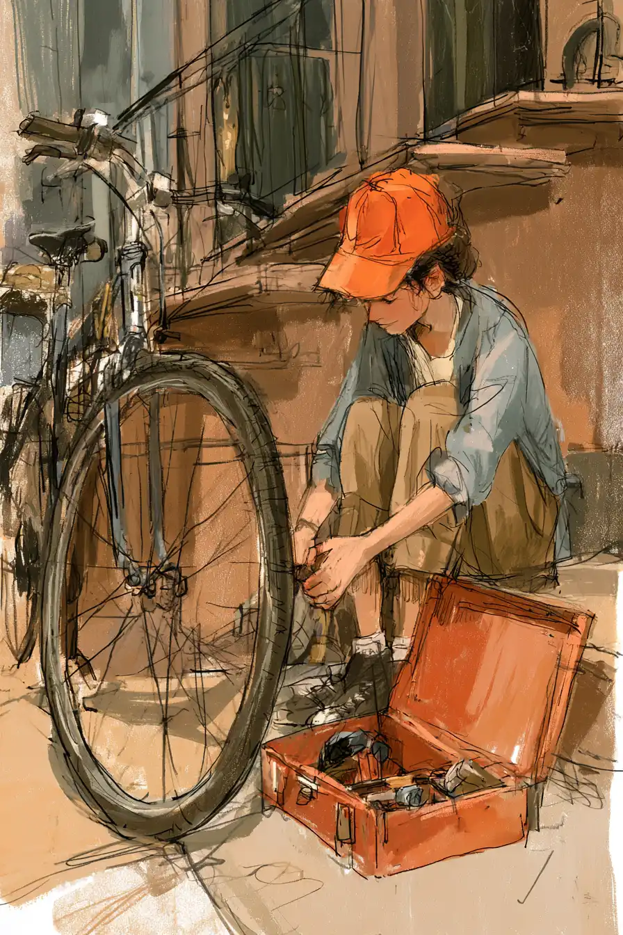 Student fixing a bicycle outside a brownstone — a classic $1,000 loan situation