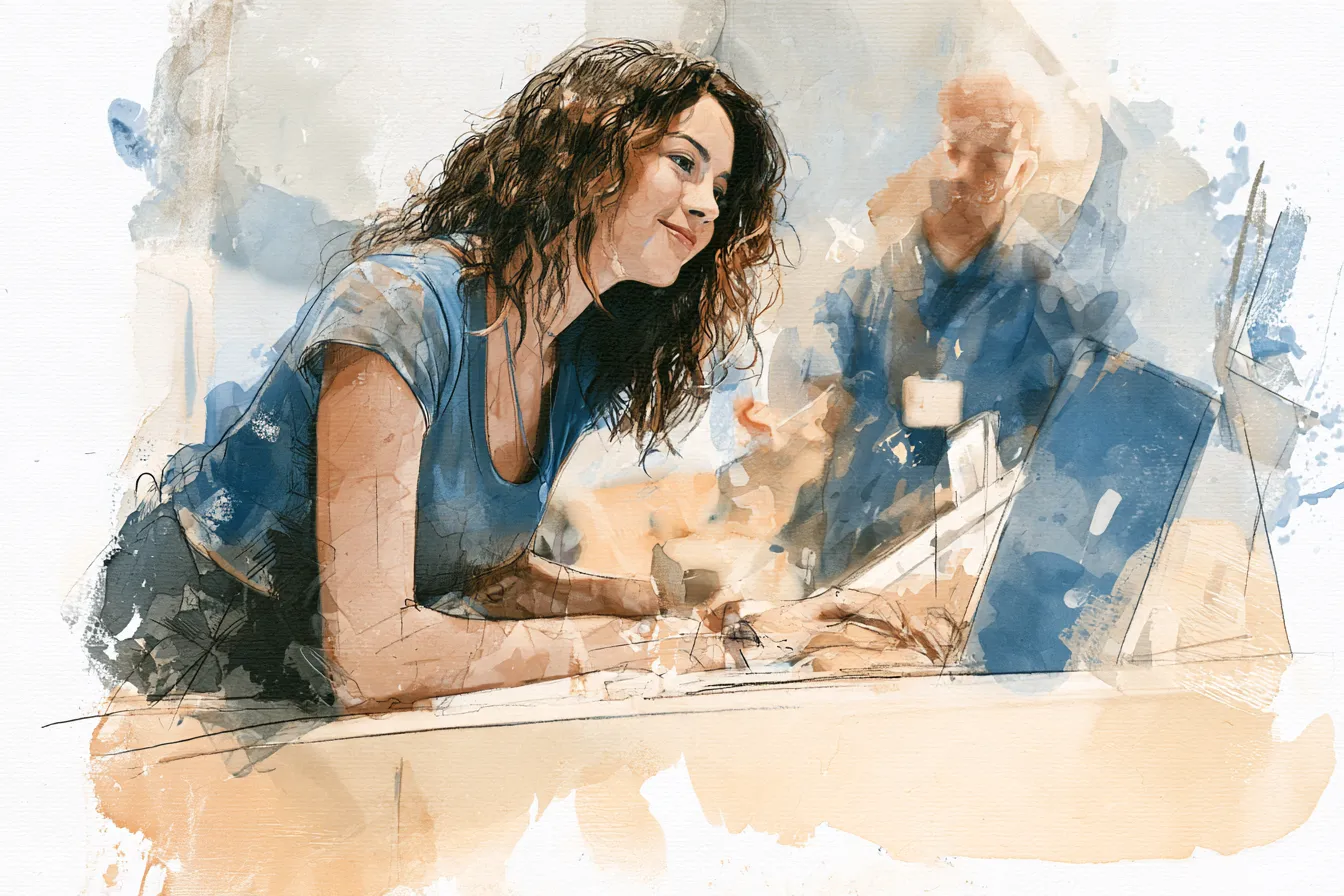 Young woman choosing a replacement laptop at a store counter — financing it with a $1,000 loan