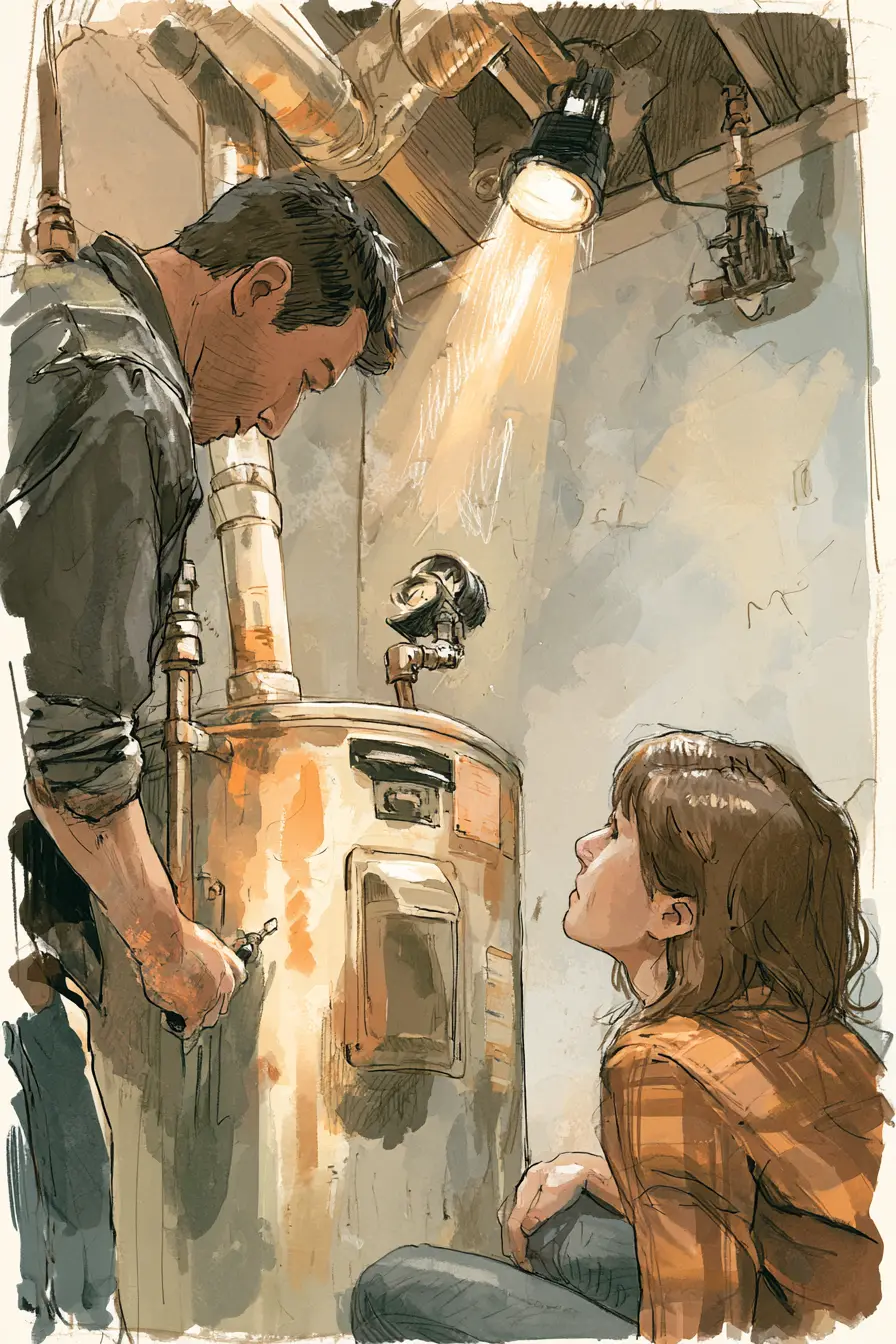 Technician repairing a water heater while the homeowner watches — a common 1000 dollar loan use