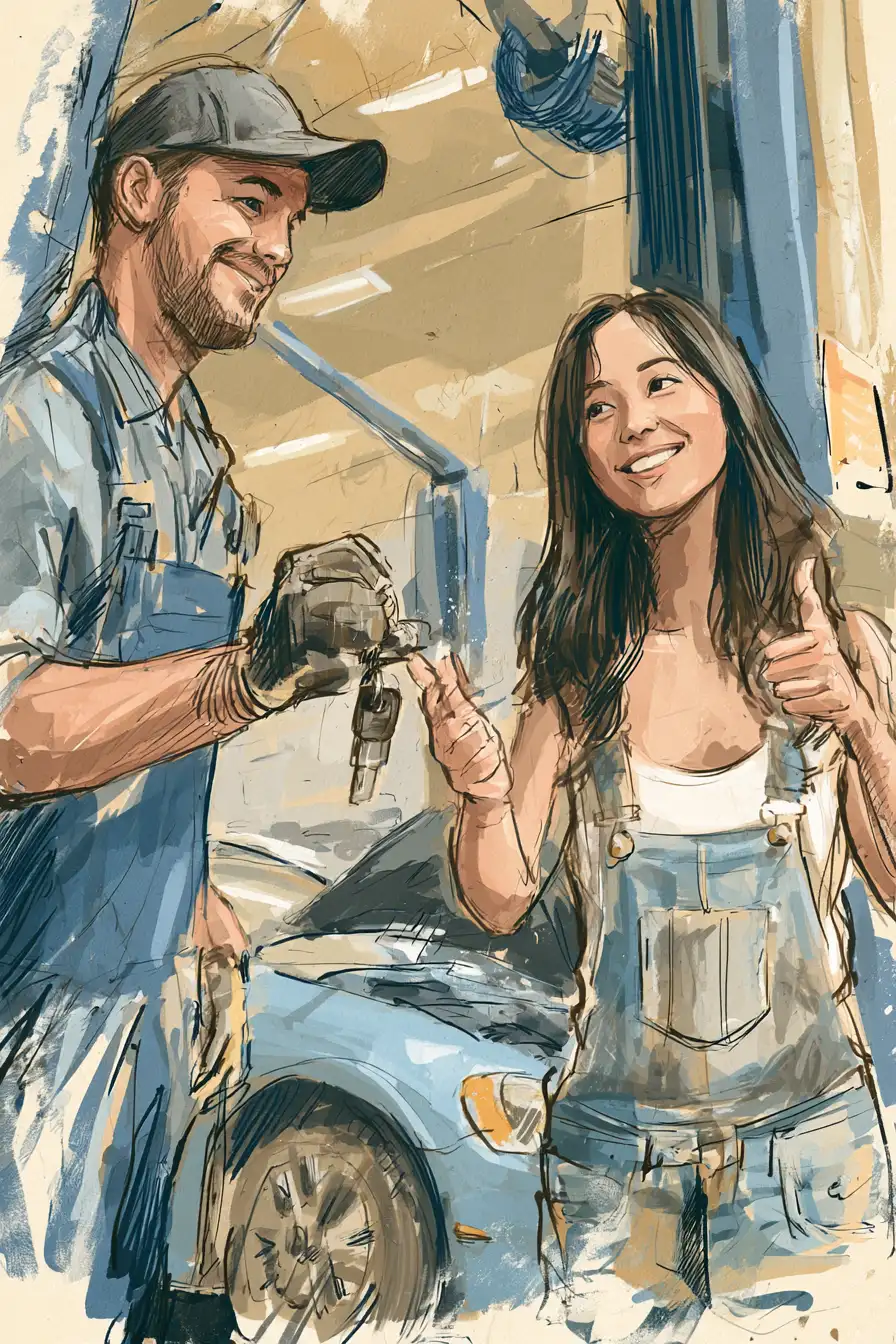 Mechanic returning keys to a smiling driver after a repair funded by a $2,000 loan