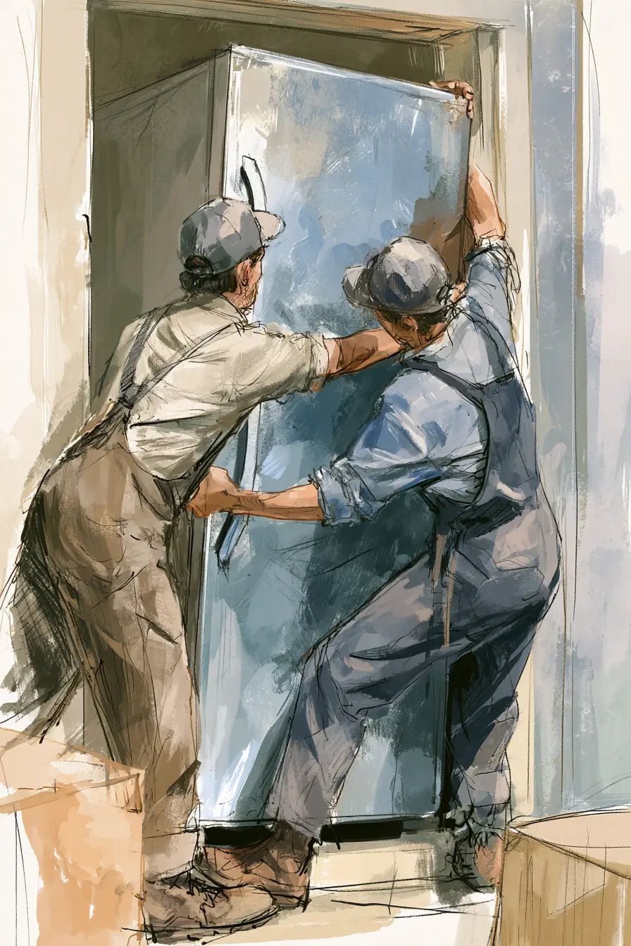 Delivery team easing a new refrigerator through a doorway — an appliance-cluster $3,000 loan