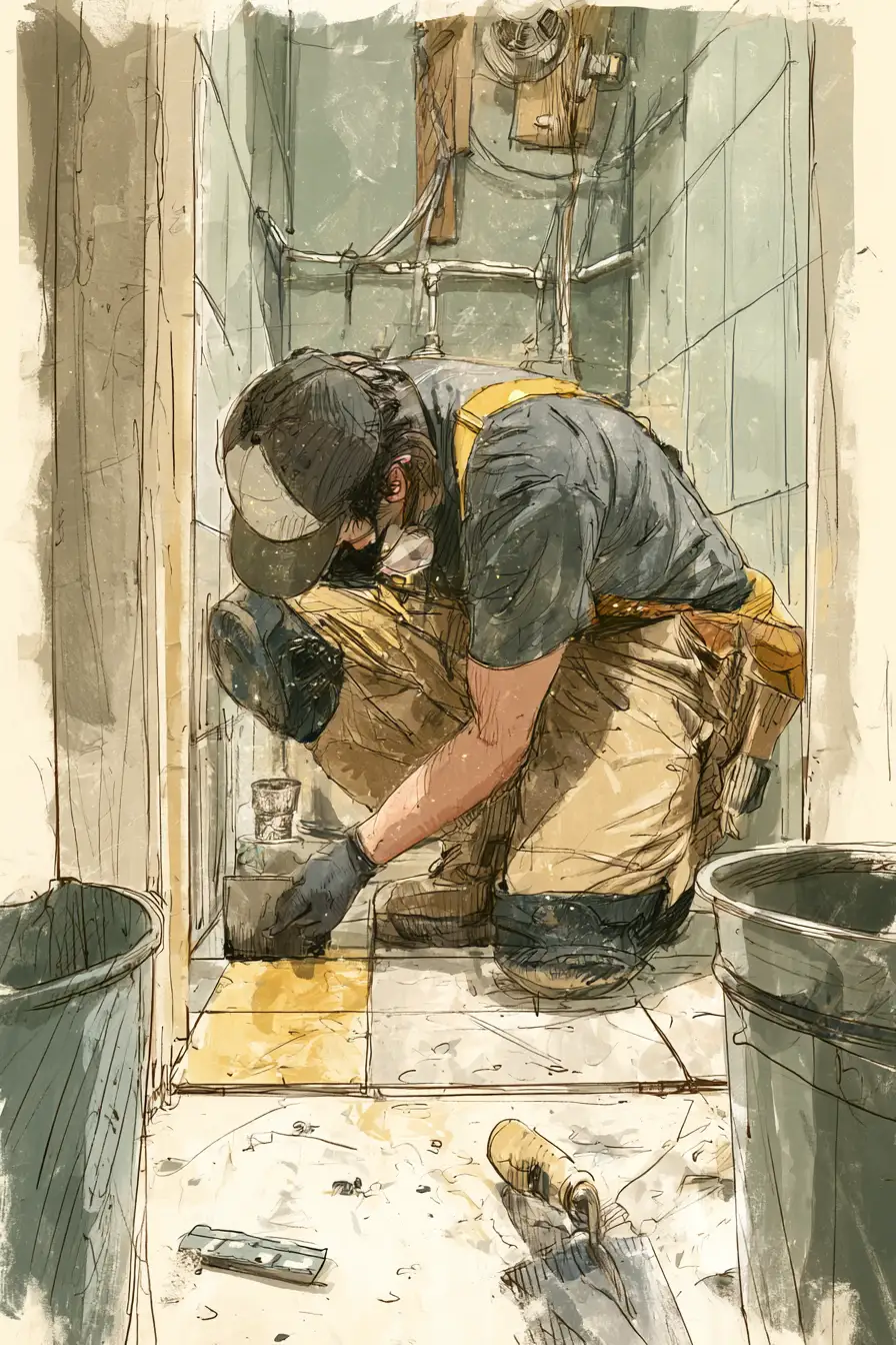 Contractor laying tile in a compact bathroom — the classic defined repair behind a $4,000 loan