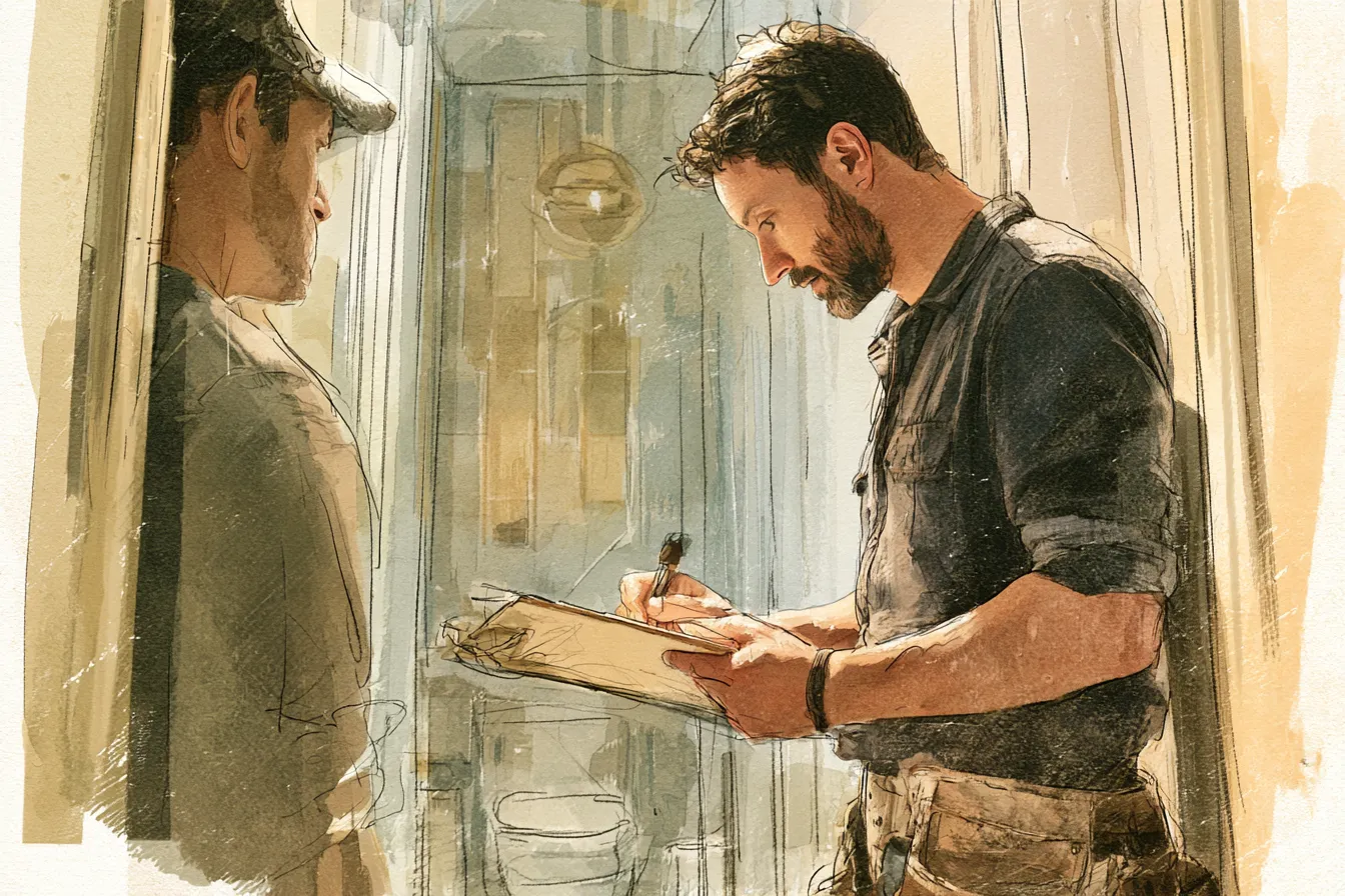Homeowner and contractor reviewing a bathroom renovation sketch on a clipboard