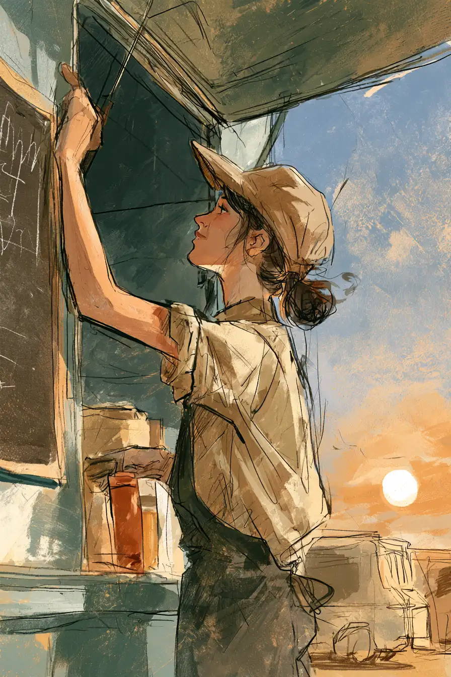 Food-truck owner opening the service window at sunrise — earning equipment at the network ceiling