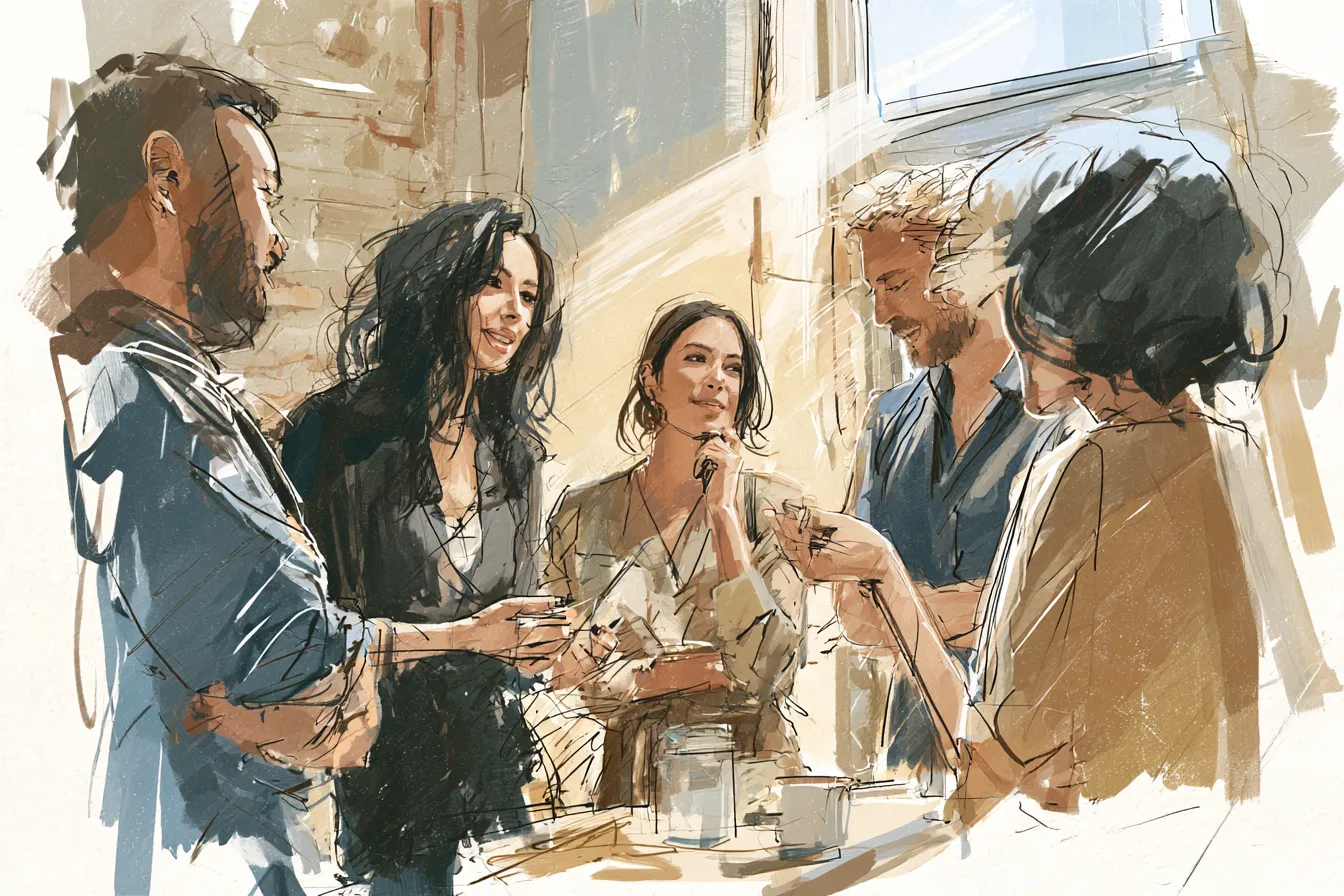 Small team of colleagues in a casual stand-up meeting in a bright loft office