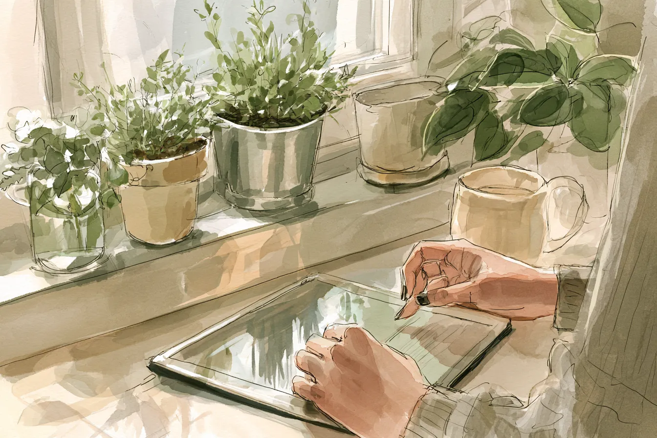 Close view of hands completing a short loan request form on a tablet at a kitchen counter
