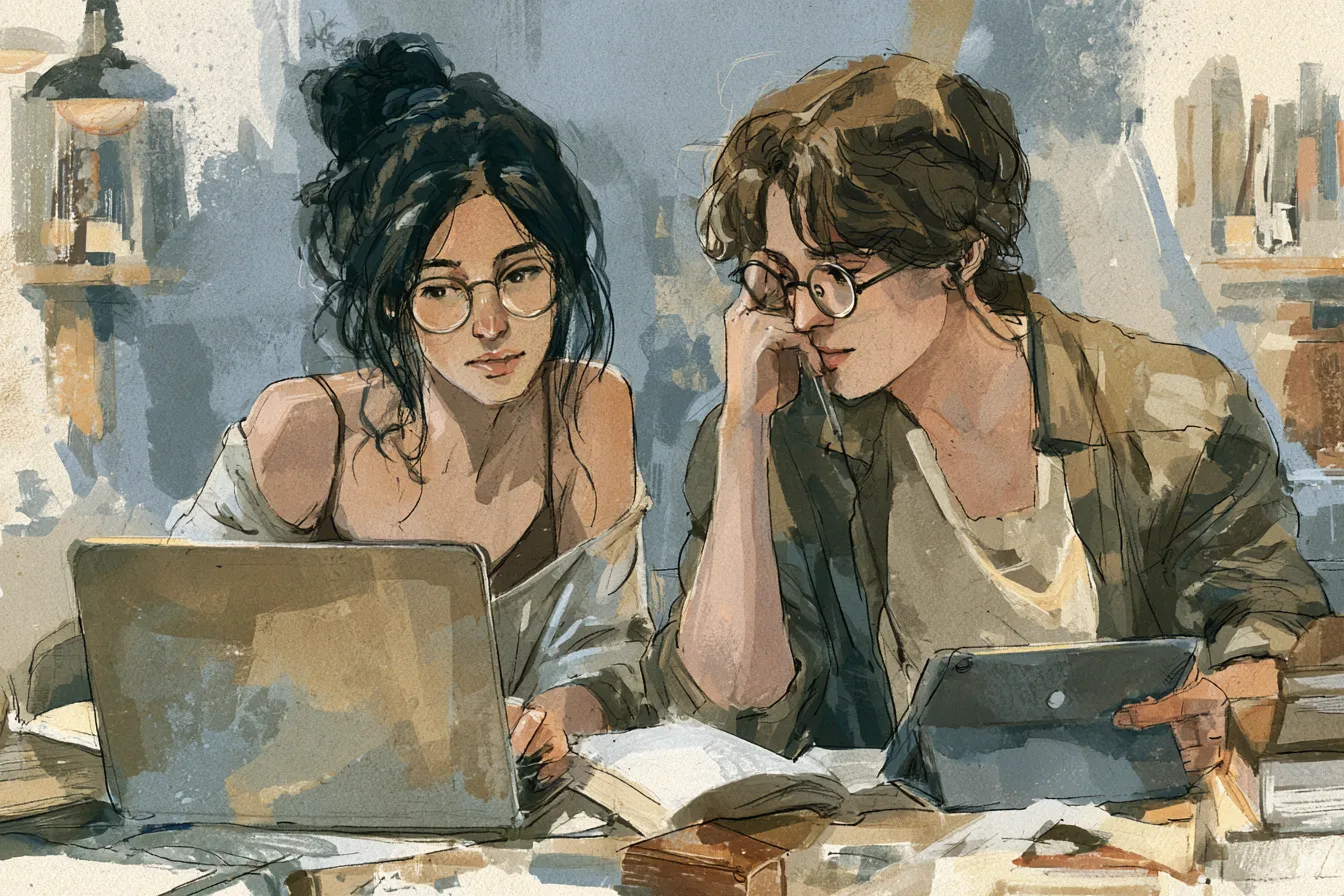 Two friends comparing notes side by side with a laptop and tablet at a library table