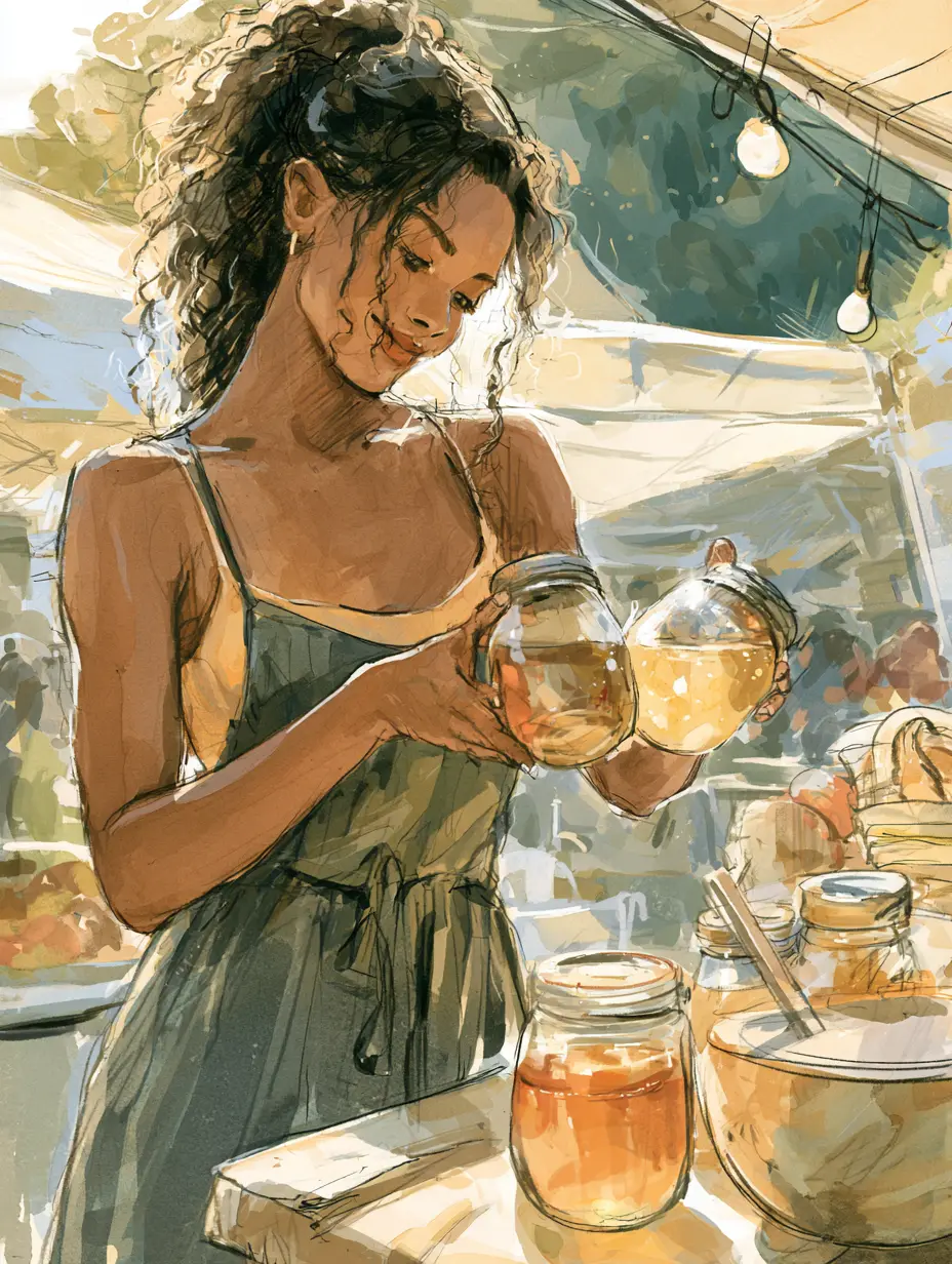 Shopper at a market stall comparing two jars held up to the light