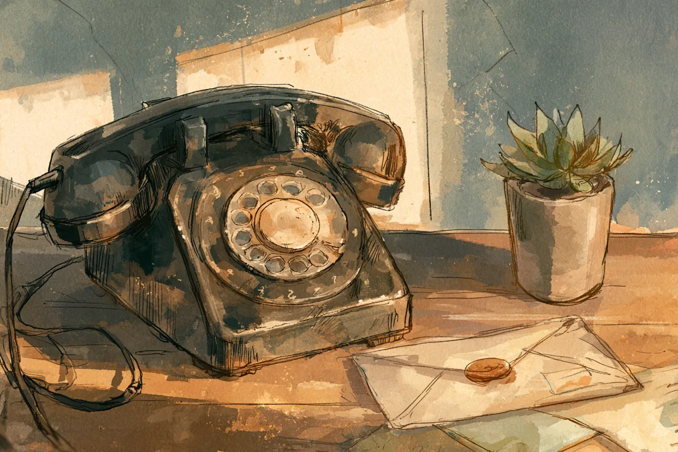 Vintage rotary desk telephone beside a sealed envelope and a small succulent