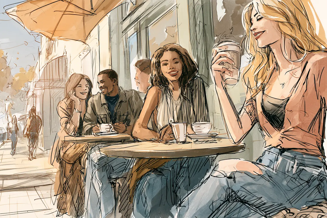 Group of customers chatting outside a corner cafe on a sunny sidewalk