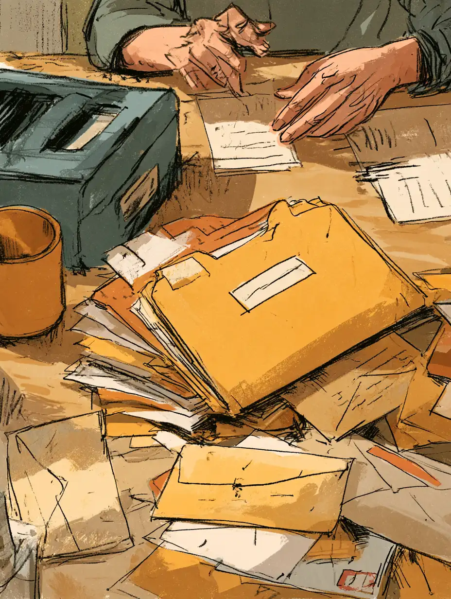 Hands gathering scattered card statements into one folder before a debt consolidation loan