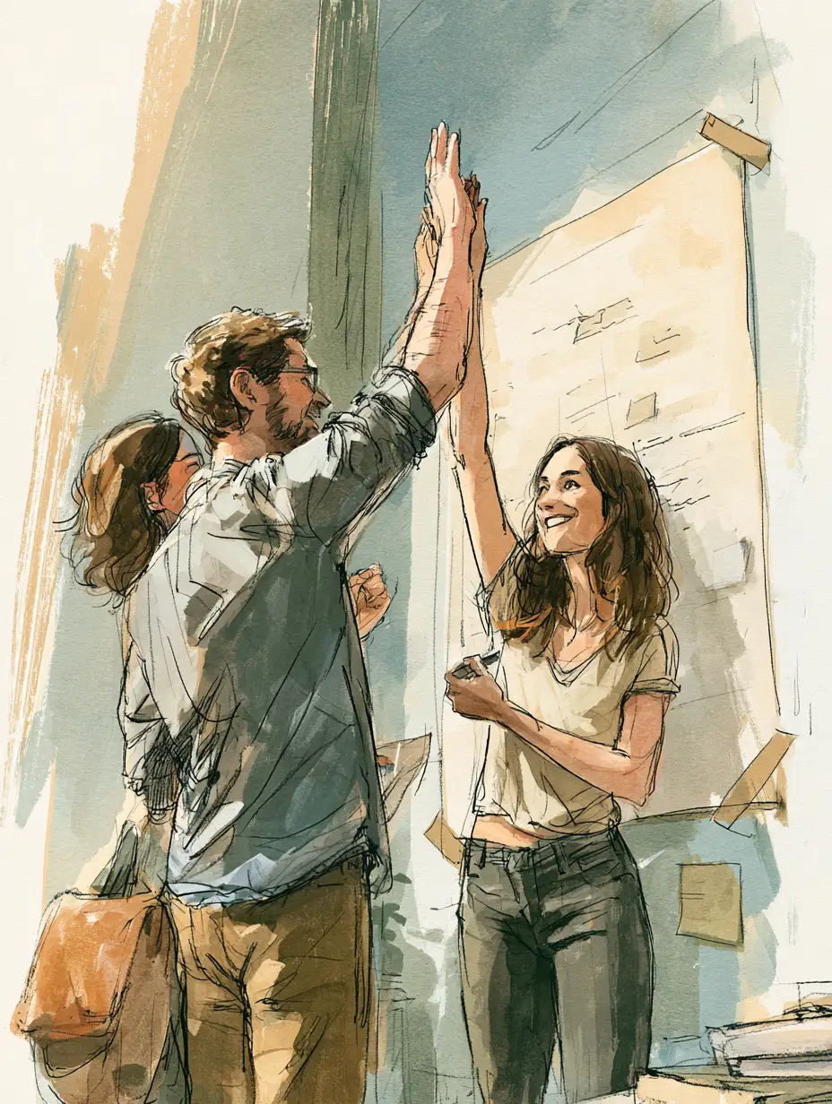 Couple crossing paid-off balances from a wall chart after consolidating