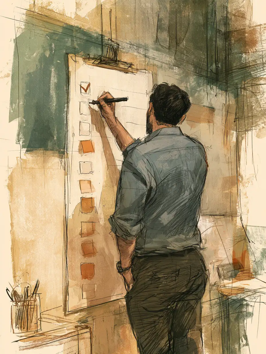 Man ticking boxes on a tall poster-sized checklist pinned to a studio wall