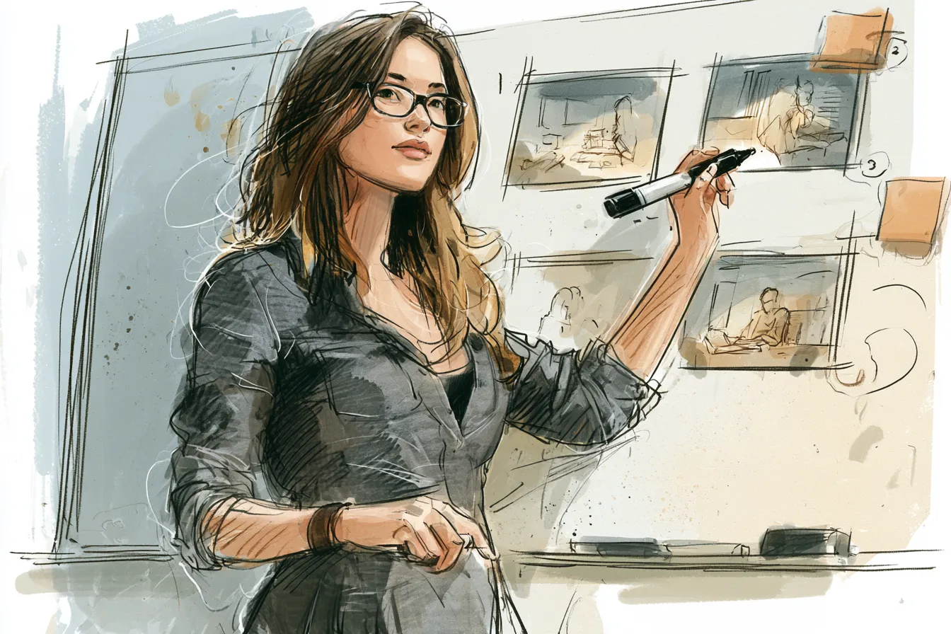 Presenter drawing a three-panel step-by-step storyboard on a whiteboard