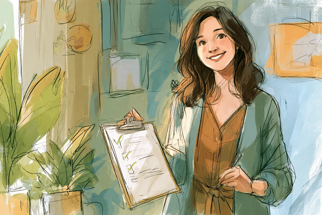 Smiling advisor in a cardigan holding a clipboard with a ticked checklist