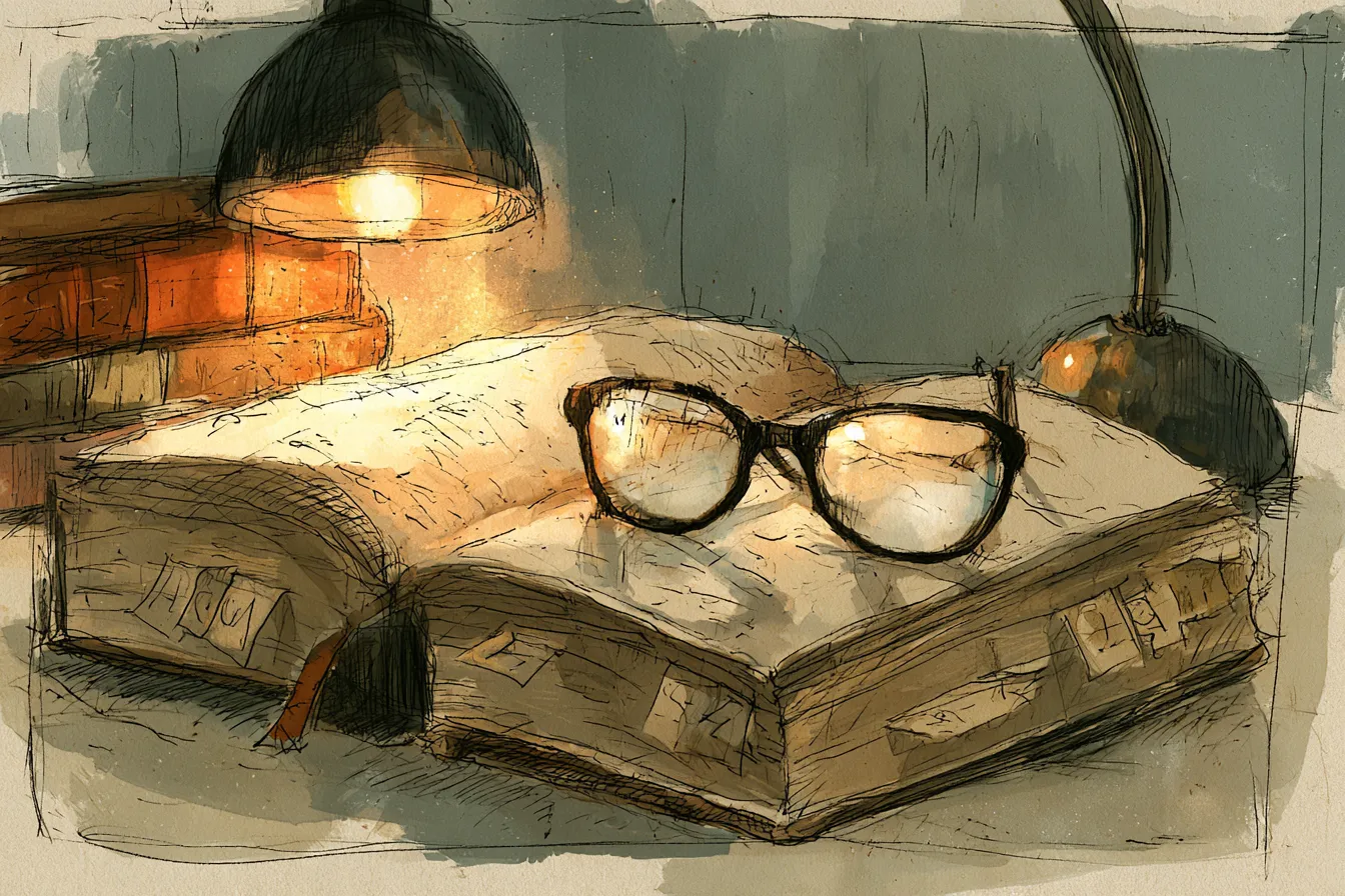 Thick open reference book with alphabet tabs and reading glasses under a desk lamp