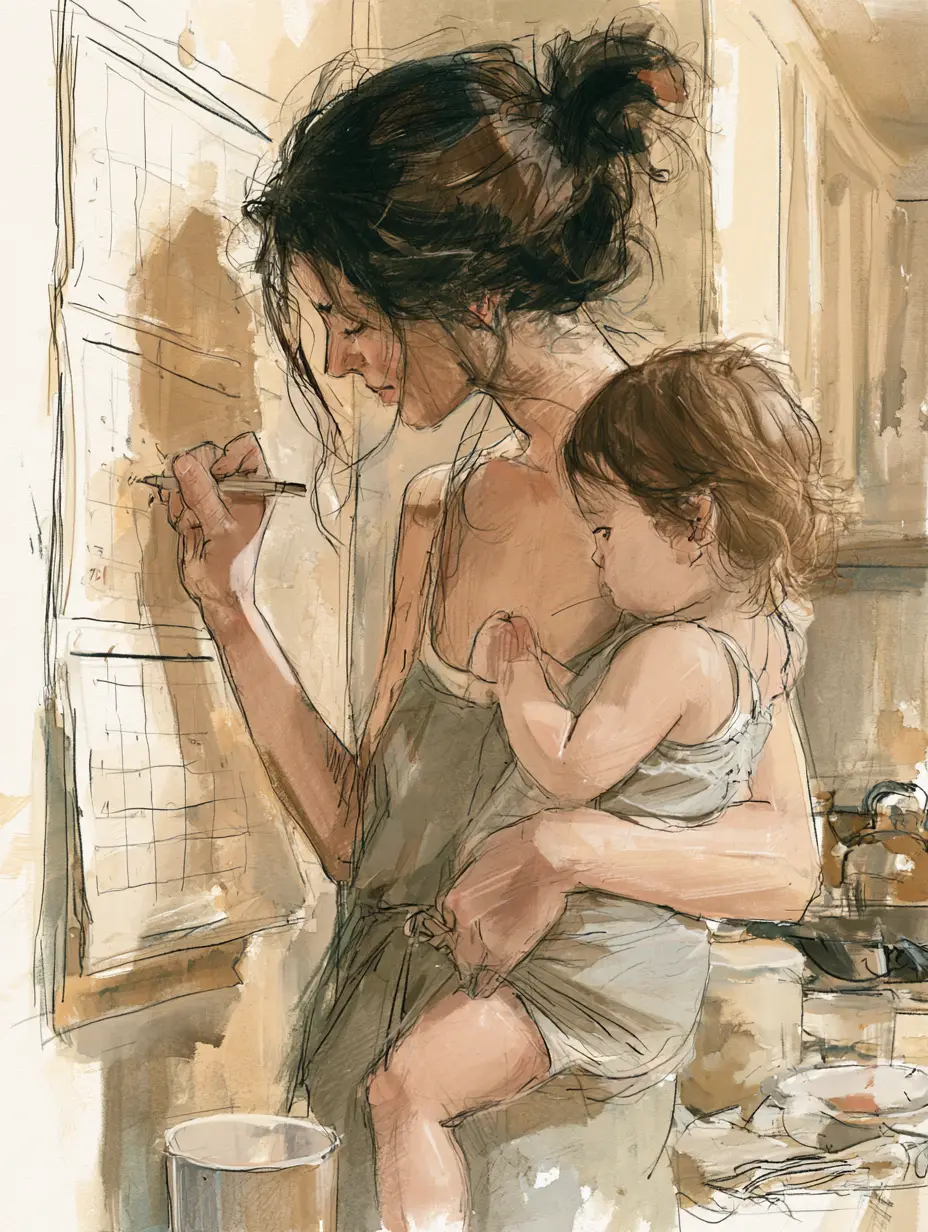 Mother marking a medical appointment on the wall calendar while holding her toddler