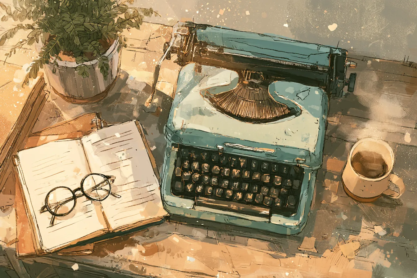 Overhead view of a writer's desk with a vintage typewriter, fern, and steaming mug
