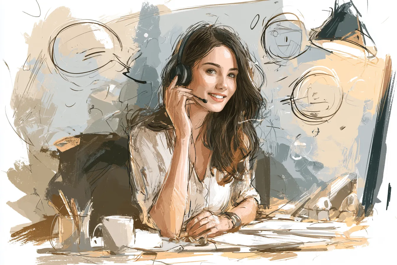 Friendly support agent with a headset surrounded by hand-drawn speech bubbles