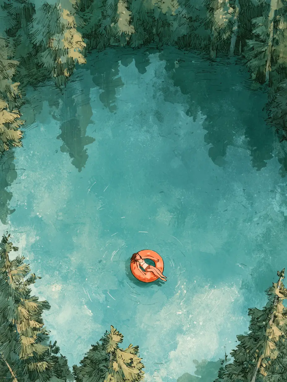 Traveler floating on a calm pine-ringed lake, seen from above